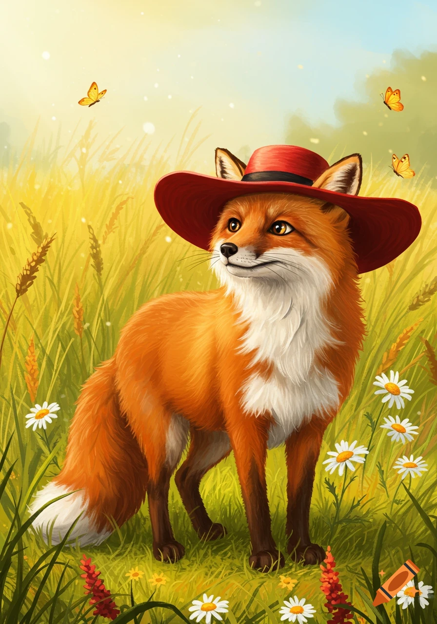 A cute fox wearing a red hat stands in a sunlit field of yellow grass and white daisies, with butterflies fluttering. Illustrated style.