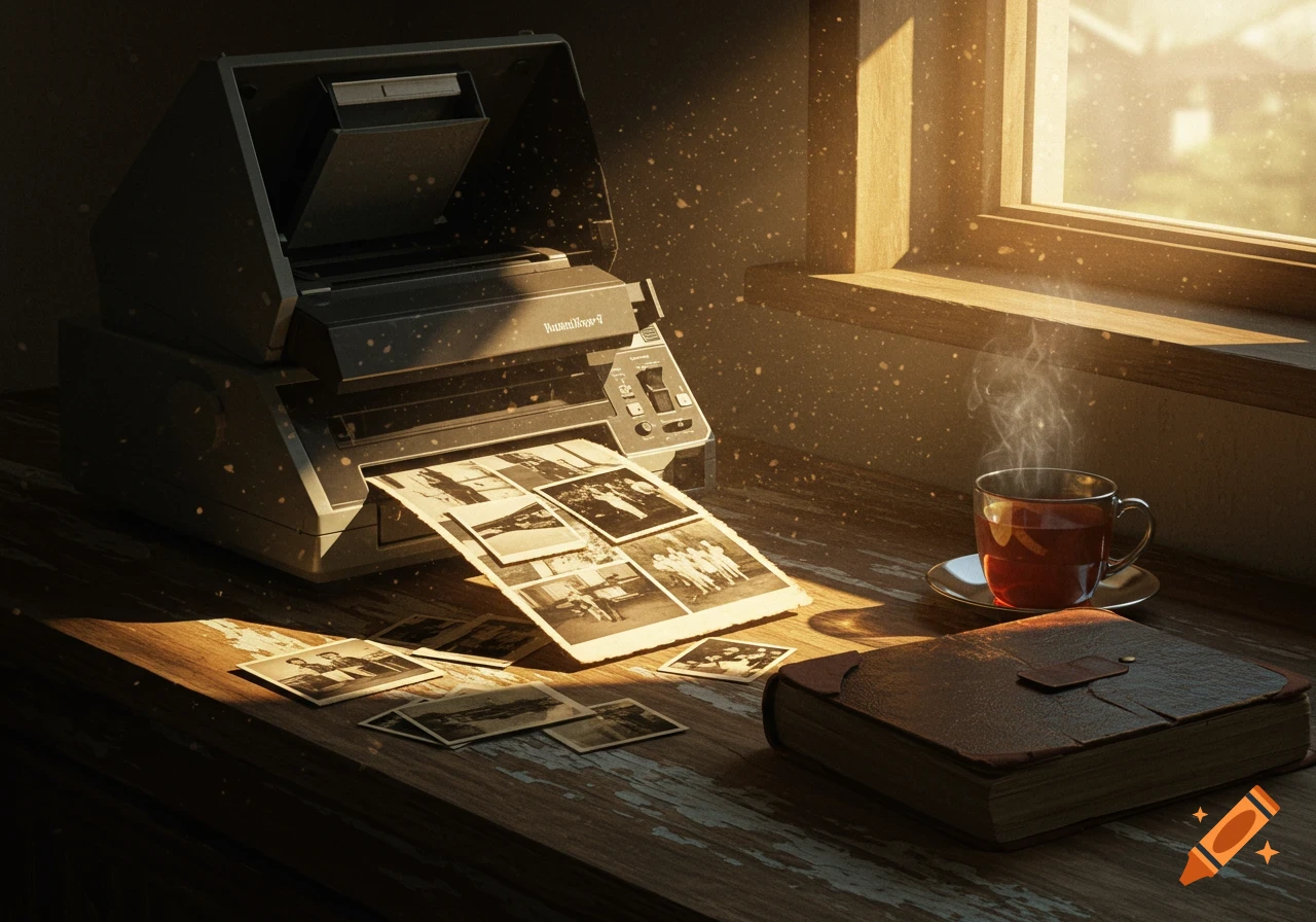 A vintage photo scanner on a wooden desk with old photos, a steaming cup of tea, and a book, bathed in warm sunlight.