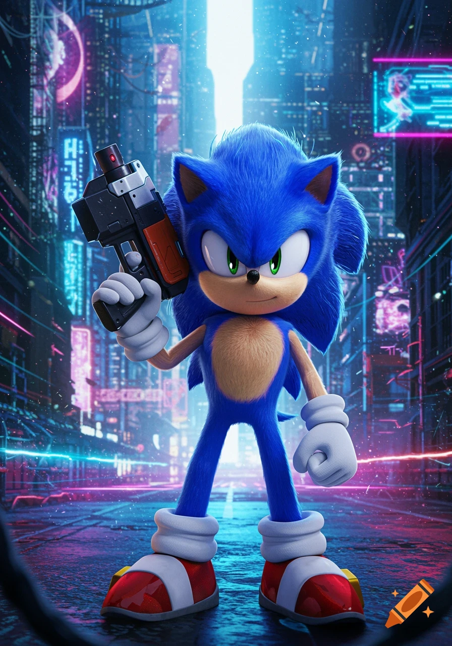 Photorealistic Sonic the Hedgehog stands in a neon-lit cyberpunk city, holding a futuristic gun. Blue fur and green eyes are prominent.
