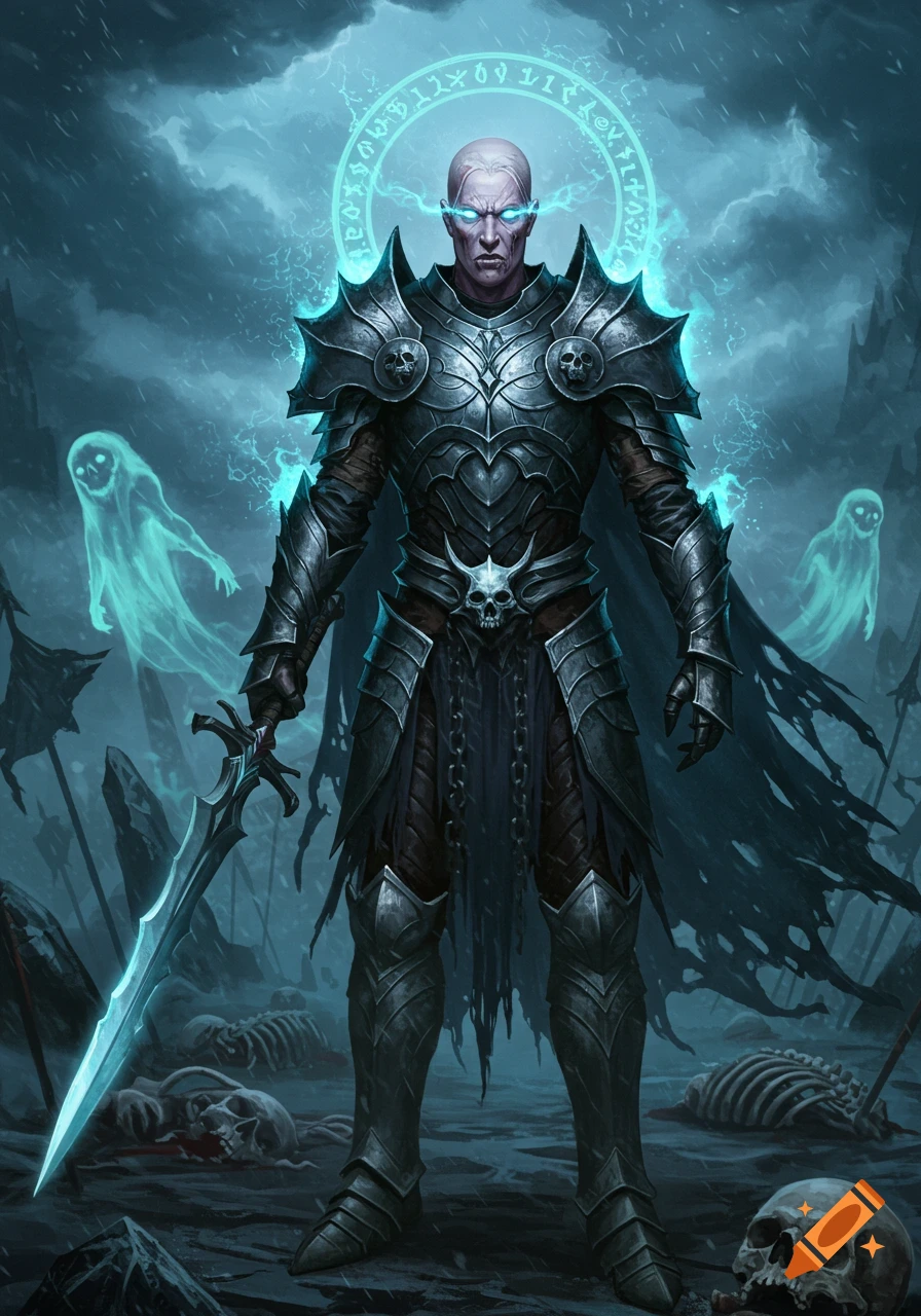 A pale, bald man in dark spiked armor with glowing blue eyes and a runic halo stands with a sword amidst skeletons and ghosts on a battlefield.