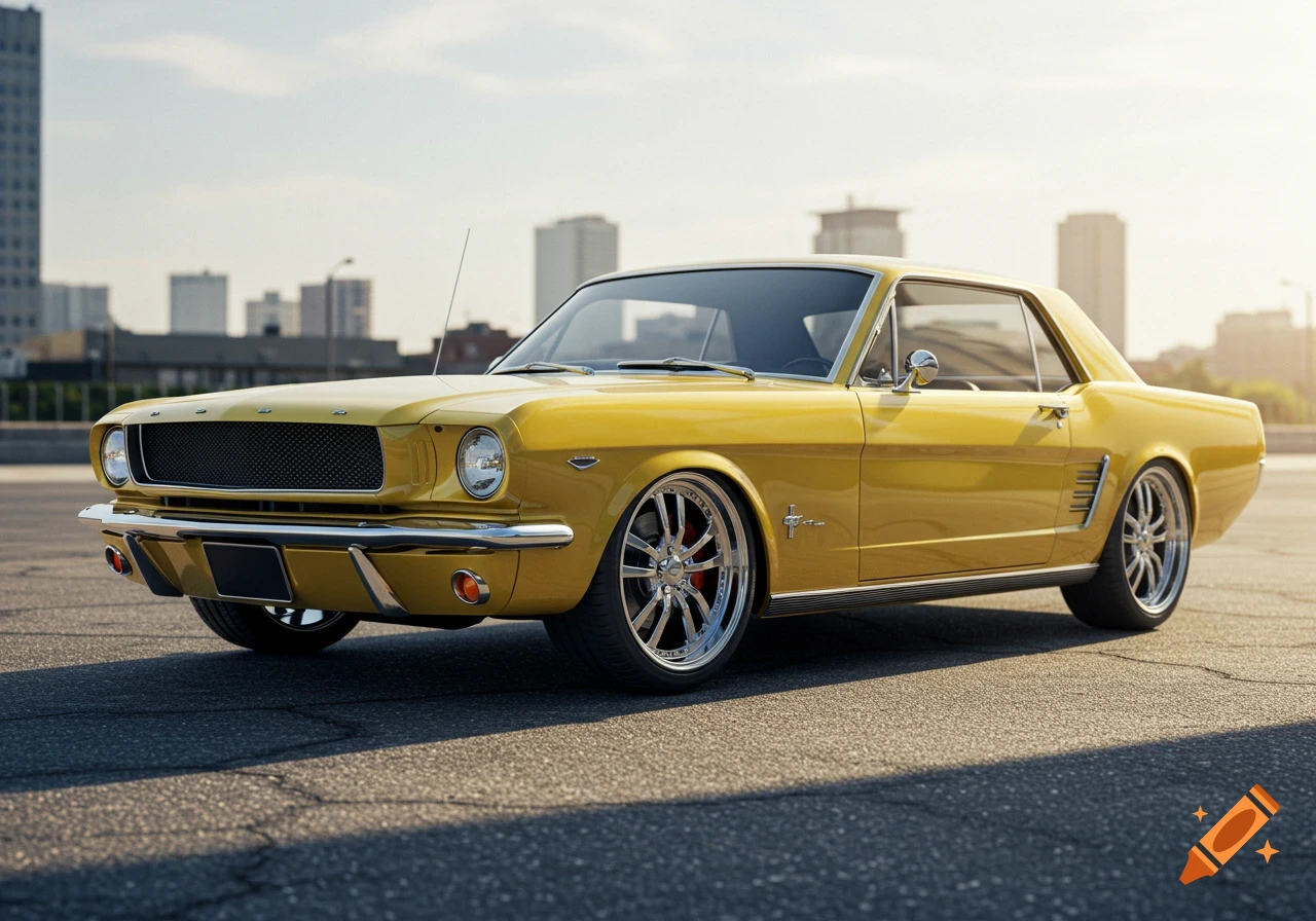 A bright yellow 1965 Ford Mustang coupe with custom chrome wheels parked on asphalt in an urban setting. Photorealistic style.
