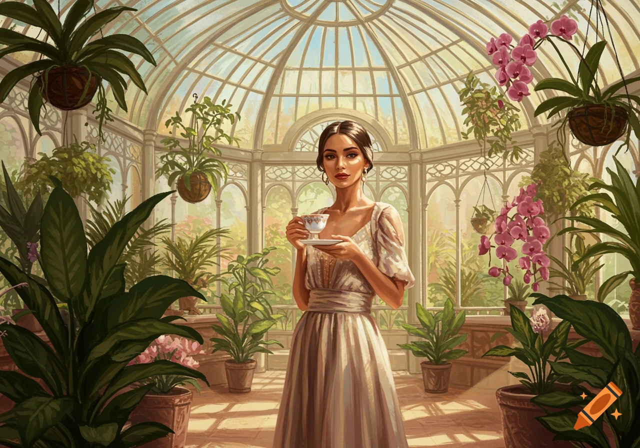 A woman in a white dress holds a teacup in a sunlit greenhouse filled with lush green plants and pink orchids, painted in an illustrative style.