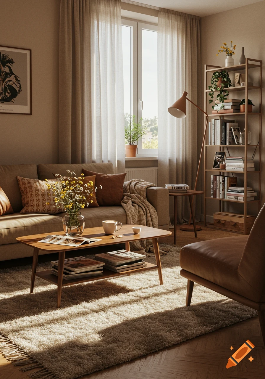 A sunlit, photorealistic living room with a beige sofa, wooden coffee table with books and flowers, bookshelf, and a shaggy rug.