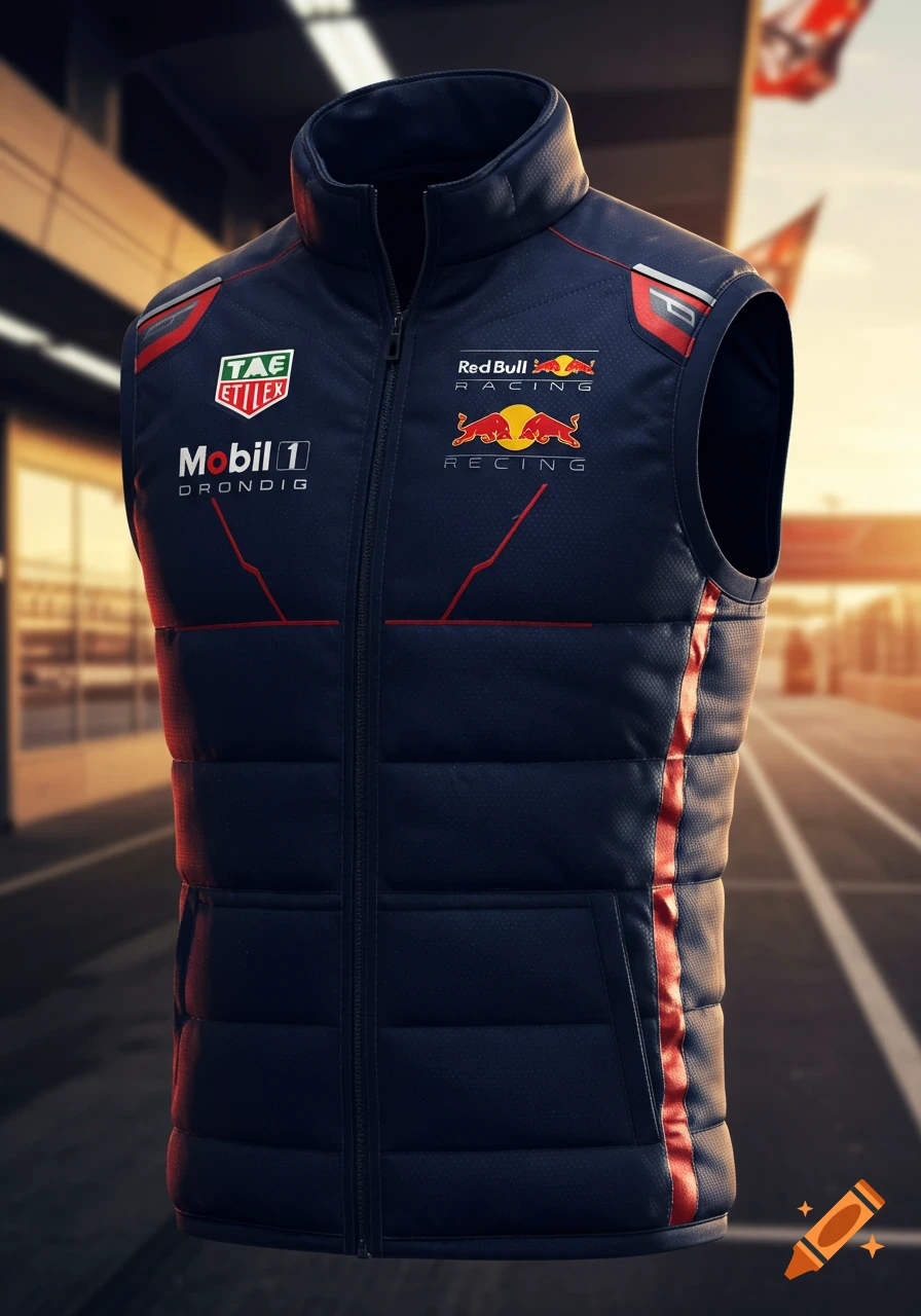 Dark blue Red Bull Racing F1 team vest with red accents and sponsor logos, displayed against a blurred racetrack background. Photorealistic style.