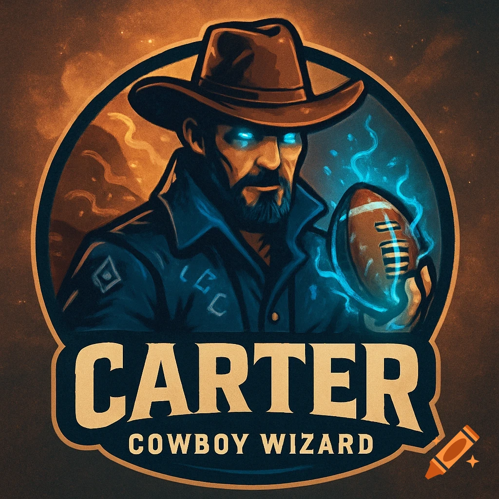 A stylized logo features a cowboy wizard with glowing blue eyes holding a glowing football, with the text 'CARTER COWBOY WIZARD' below.