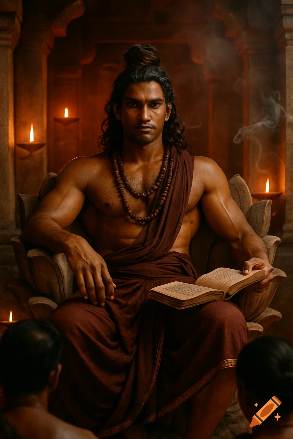 A South Asian man with long hair and a bare chest, wearing a maroon dhoti and beads, sits in a lotus throne in a candlelit temple, reading a book.