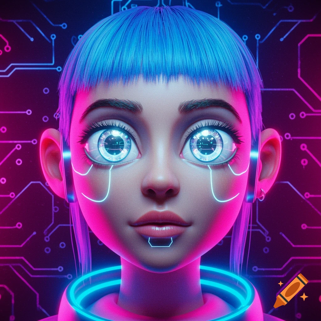 Close-up of a stylized person with bright blue hair, glowing cybernetic eyes, and neon pink and blue circuit patterns.