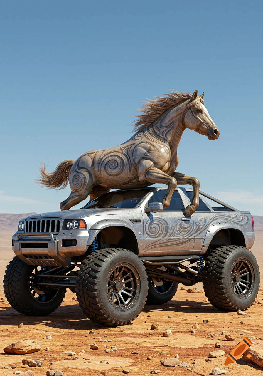 A photorealistic image of a metallic horse statue with swirling patterns mounted on a silver monster truck in a desert.