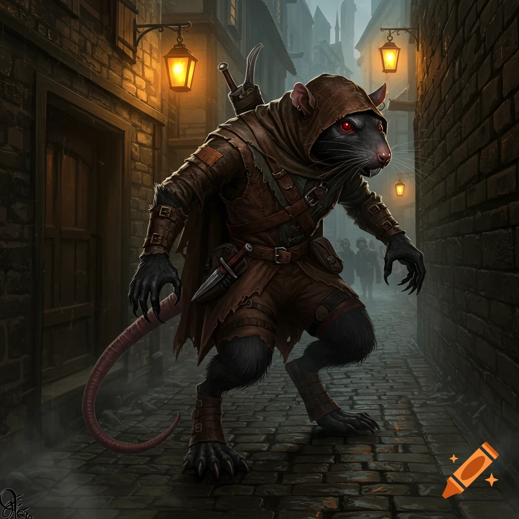 A black wererat in brown rogue clothing crouches in a dark, foggy alleyway with glowing lanterns.