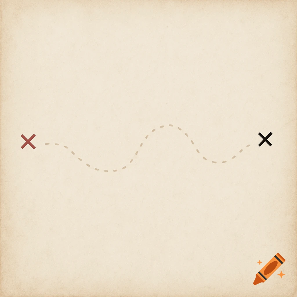 A minimalist map on aged paper with a red X, a black X, and a faint dotted path connecting them.