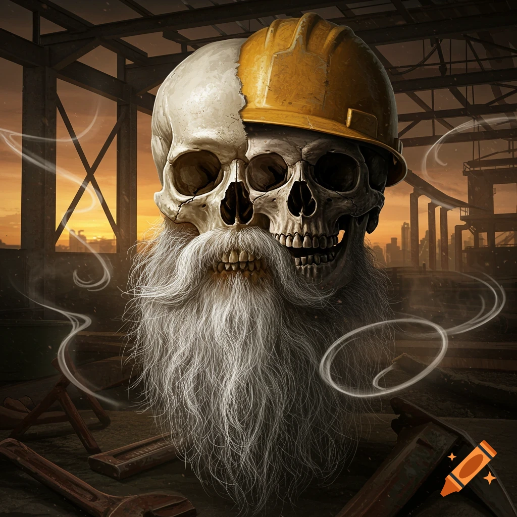 An artistic rendering of a split skull, one half with a long white beard, the other wearing a yellow construction hard hat, against an industrial background.