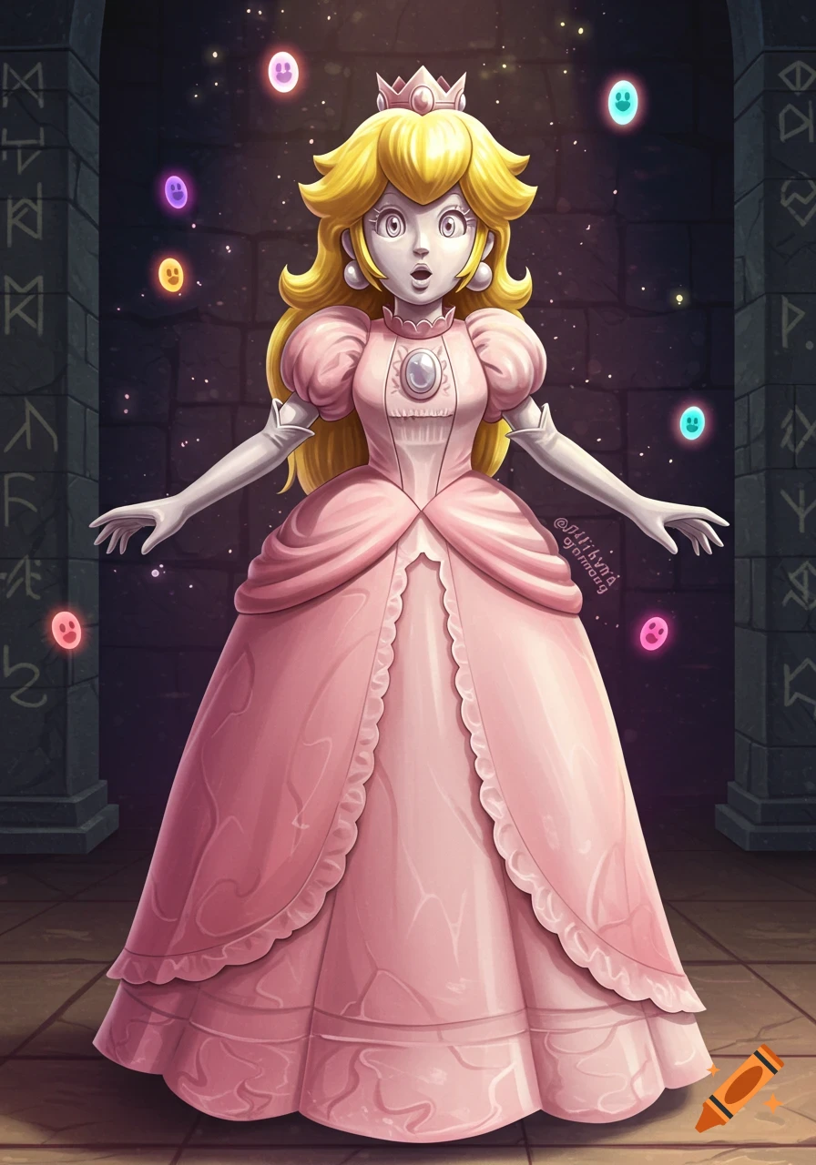 Princess Peach as a stone statue in a dark chamber with glowing ghost-like figures.