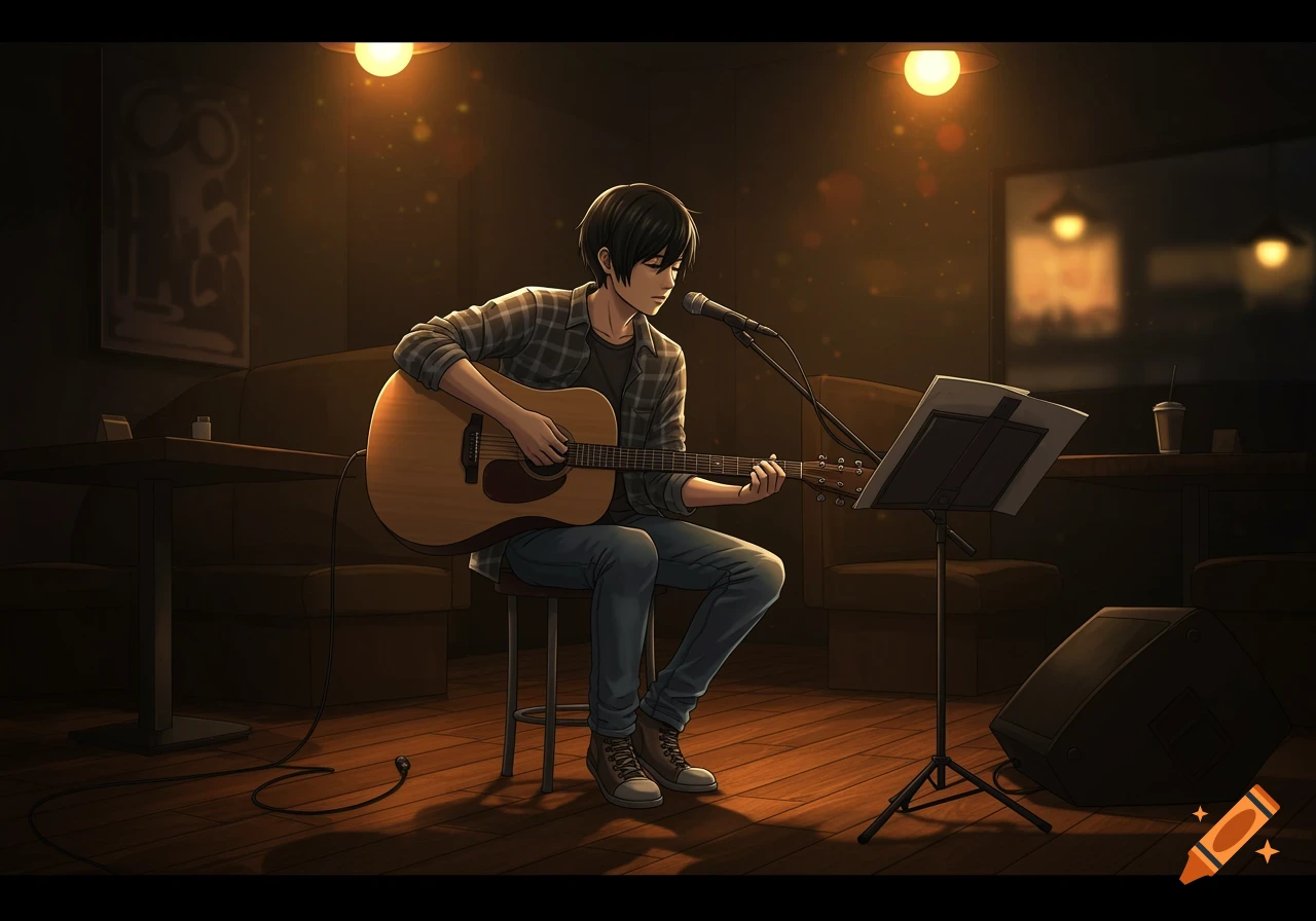 Anime-style male musician plays an acoustic guitar on a stool in a dimly lit cafe.