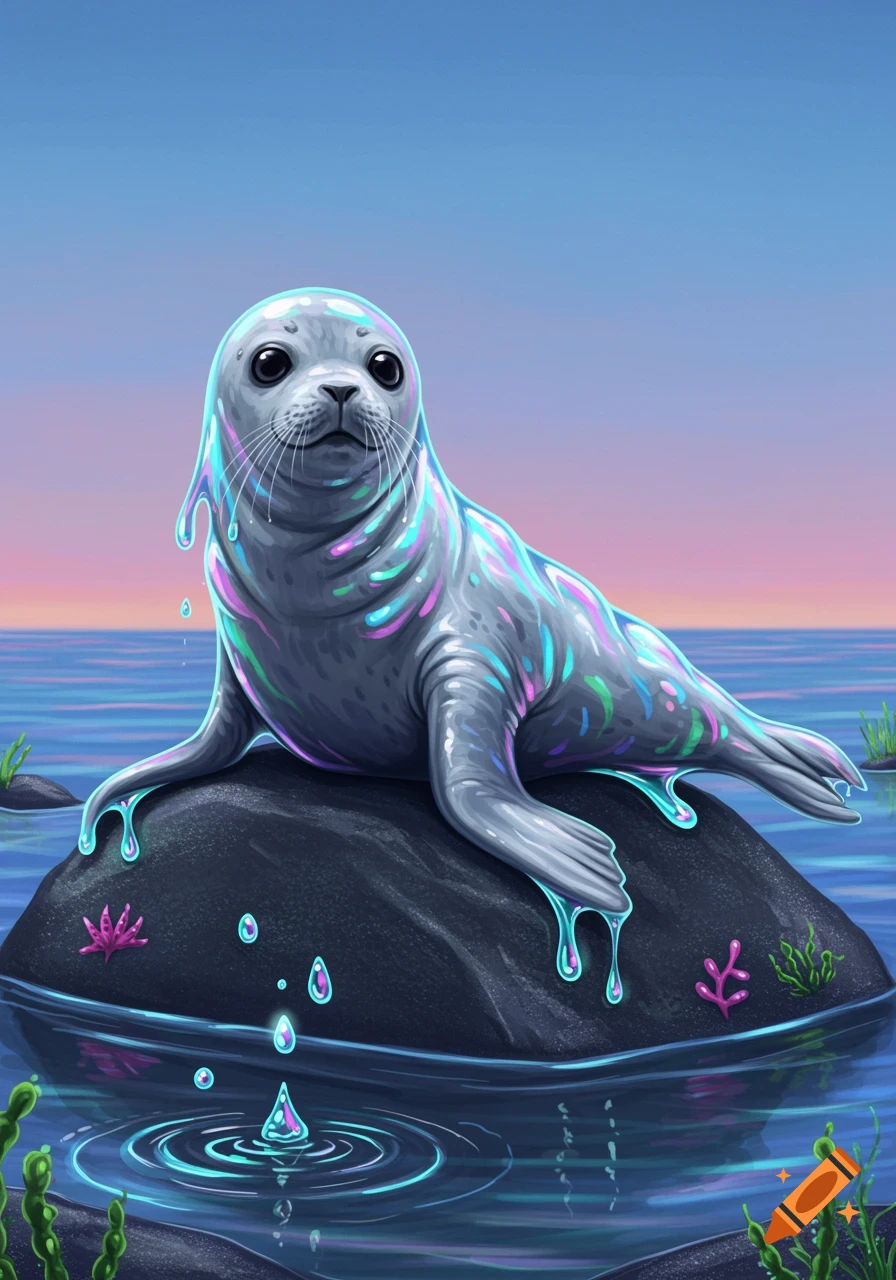 A cute, stylized gray seal covered in colorful iridescent slime sits on a rock in blue water under a sunset sky.