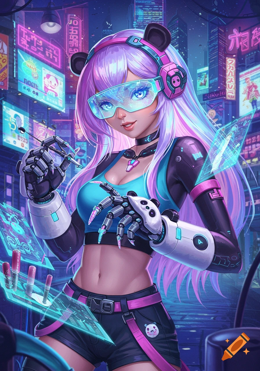 An anime girl with long purple hair, panda headphones, and robotic hands working on holographic screens in a neon cyberpunk city.