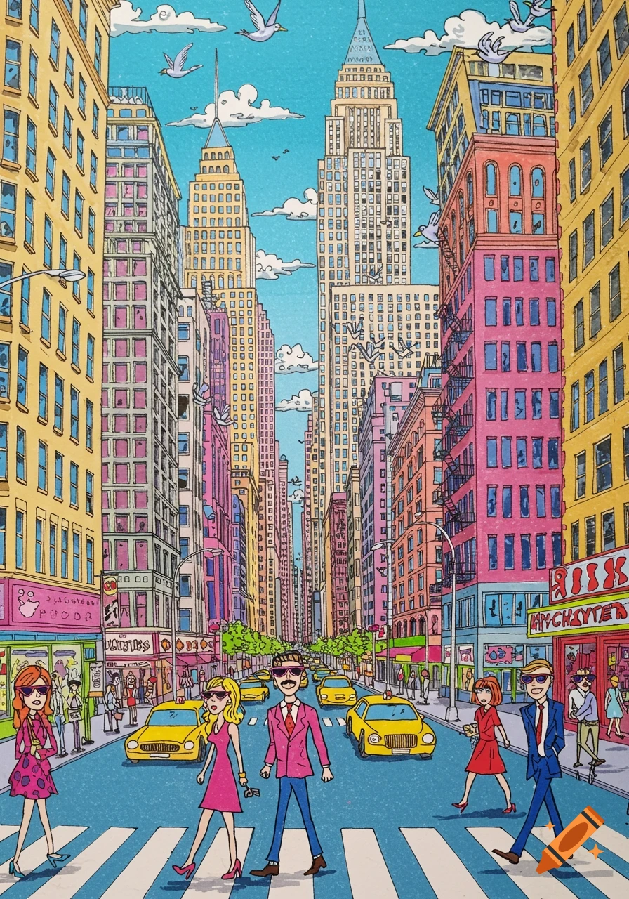 Vibrant, cartoon-style cityscape with colorful buildings, yellow taxis, and people crossing a street, in a Pop Art style.