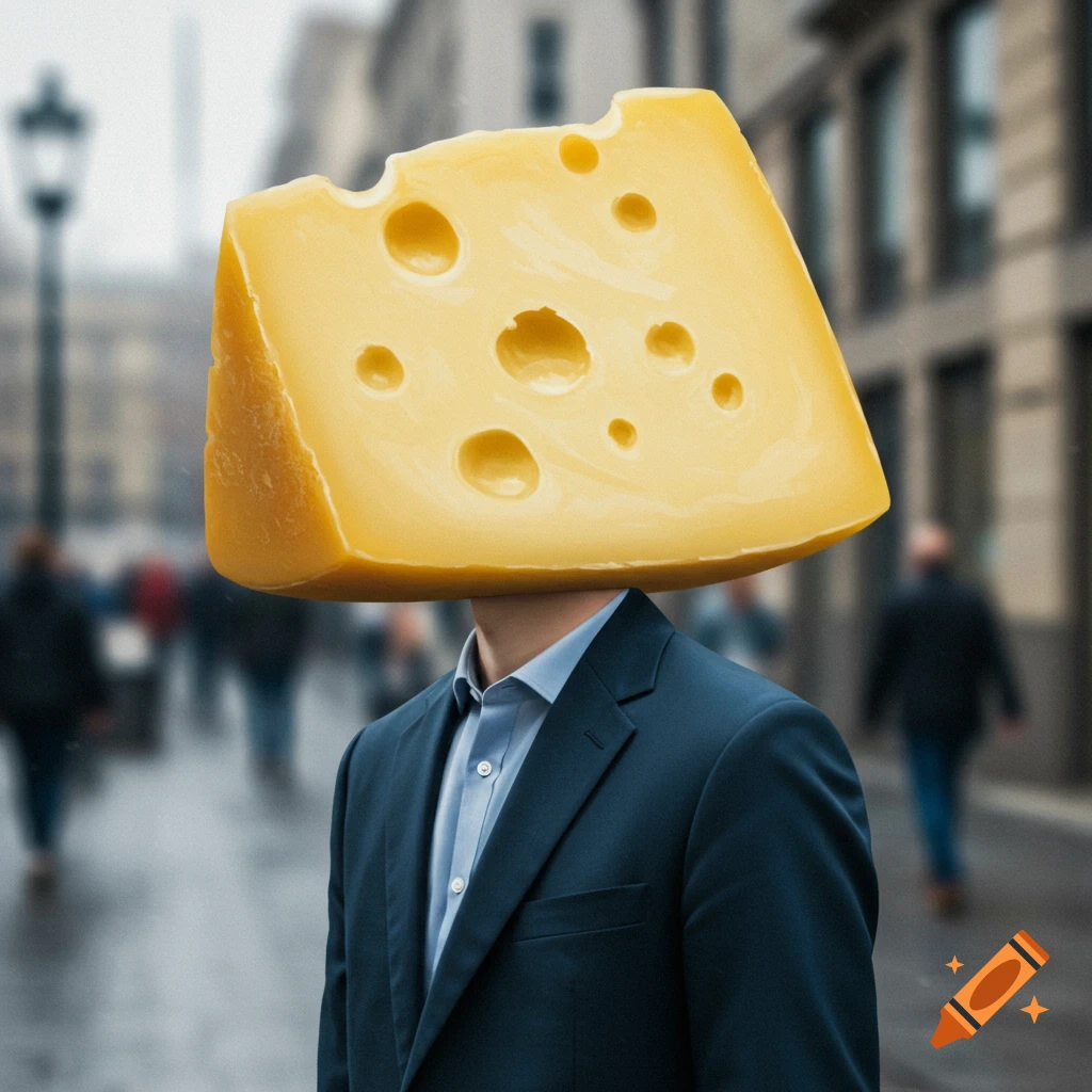 A man in a suit with a large block of Swiss cheese for a head walks down a blurry city street.