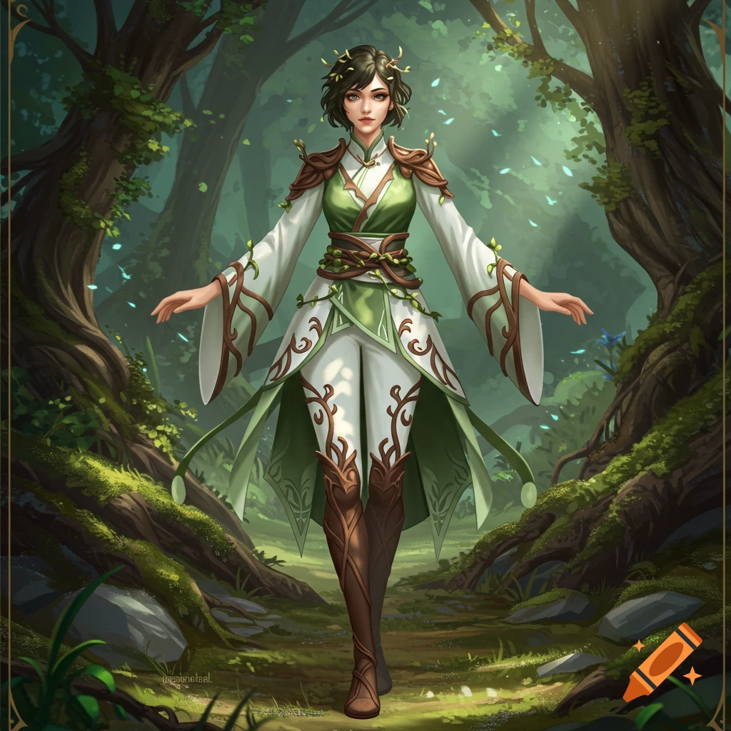 A female fantasy character in green and white robes adorned with vine patterns, standing on a forest path with trees and glowing particles.