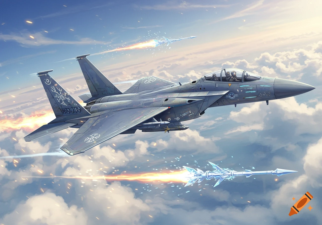 A high-fantasy F-15 fighter jet flying through clouds, firing magical ice and fire missiles.