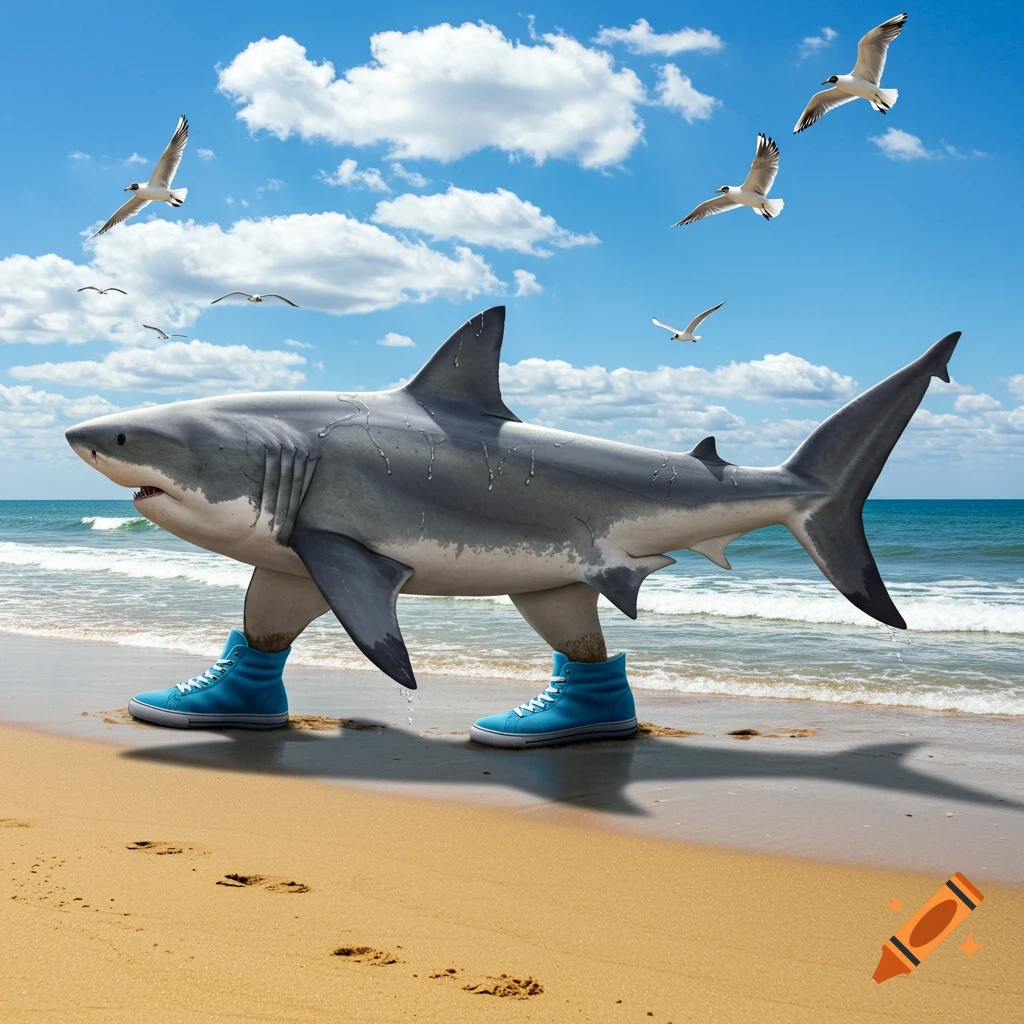A photorealistic shark with blue sneakers walks on a sandy beach with seagulls flying under a blue sky.