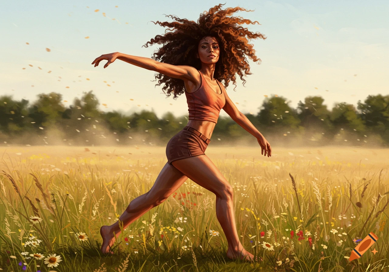 Digital painting of a woman with large curly hair in a dynamic pose in a golden field.