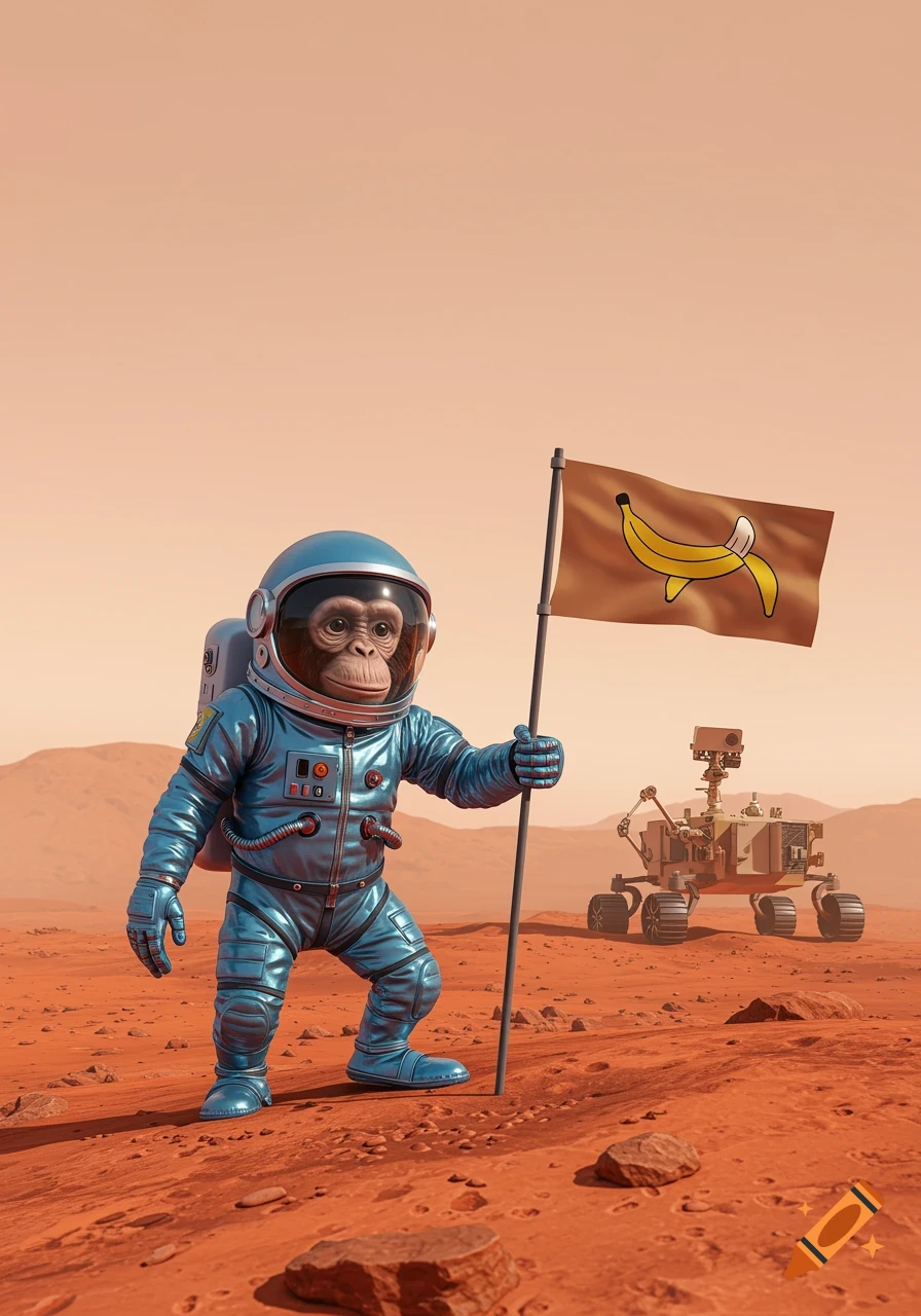 A chimpanzee astronaut in a blue spacesuit plants a flag with a banana on it on the surface of Mars, with a rover in the background.