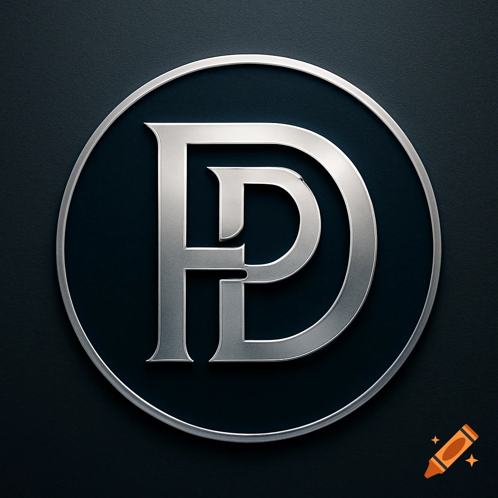 A silver metallic emblem featuring intertwined letters "P" and "D" within a dark blue circle, set against a dark background.