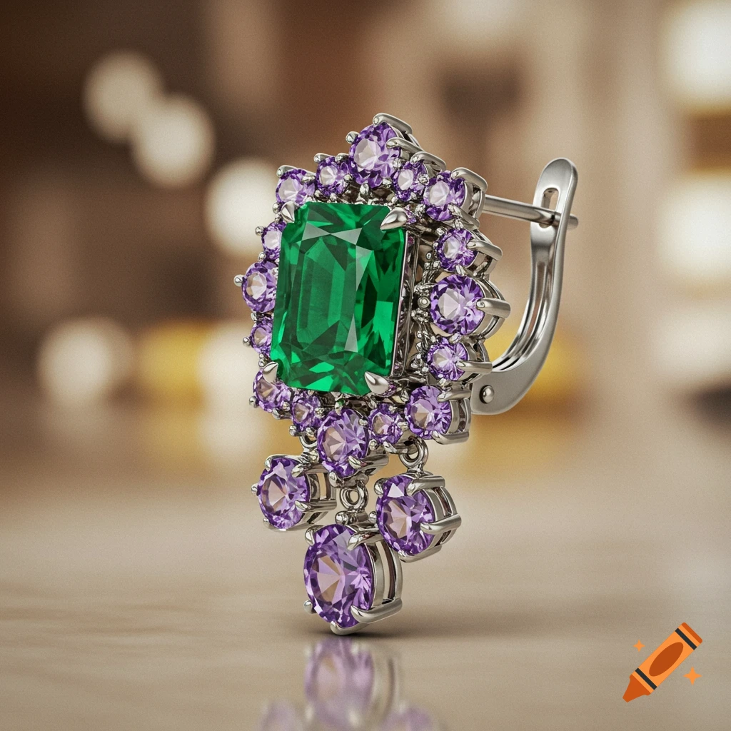 An ornate silver earring with a large emerald gemstone surrounded by smaller amethyst stones, on a blurred background.