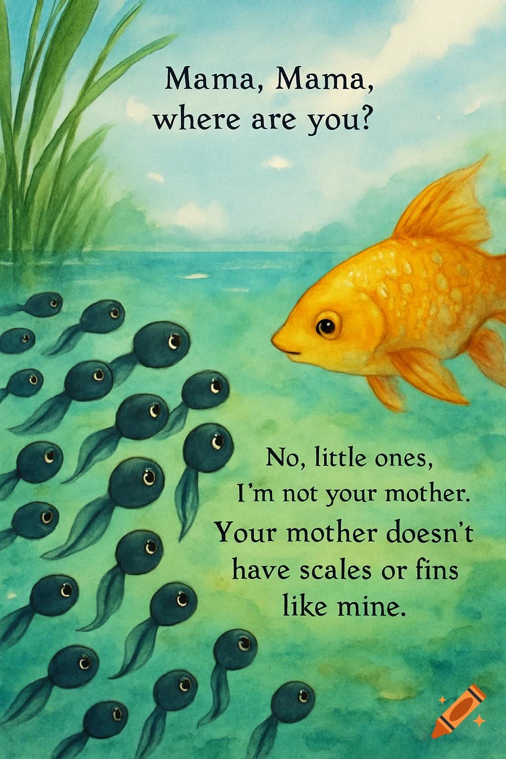 Watercolor illustration of tadpoles asking a goldfish, 'Mama, Mama, where are you?' The goldfish replies, 'I'm not your mother.'