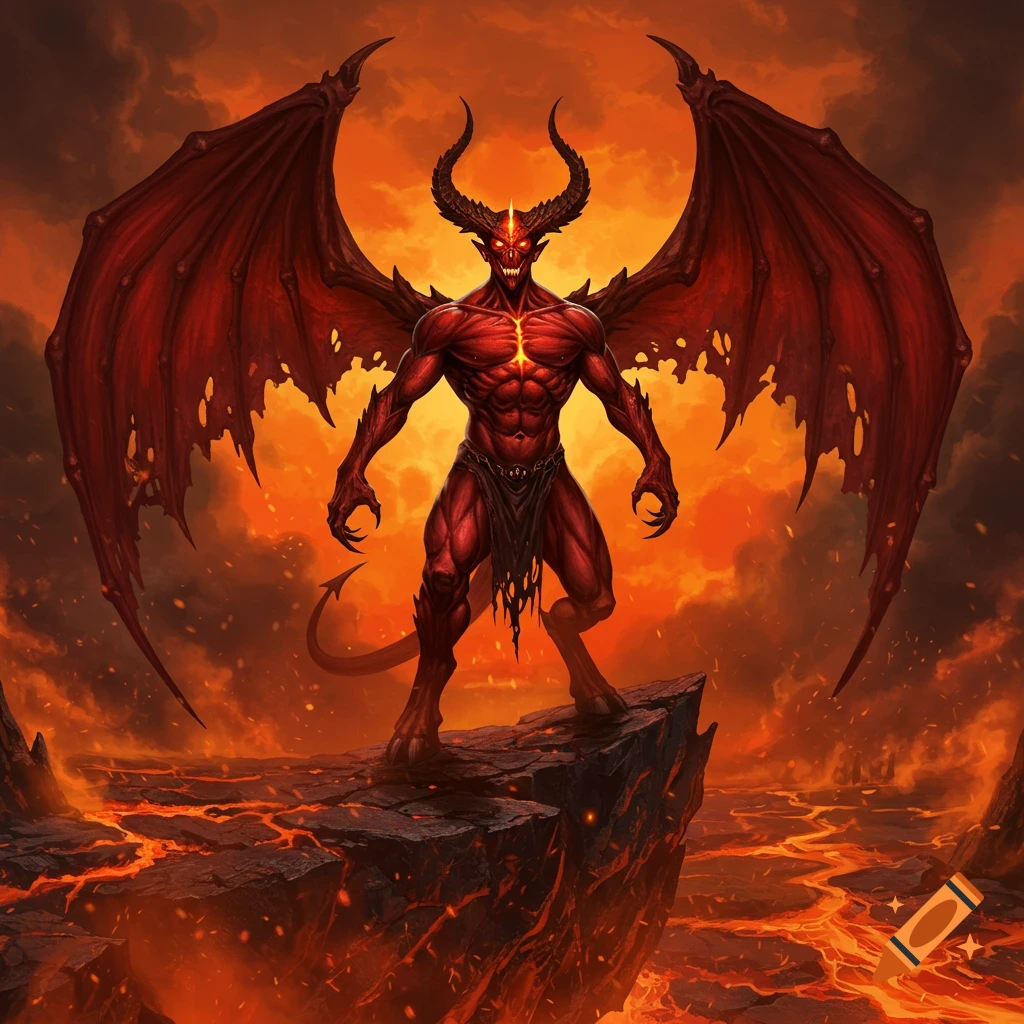 A red-skinned demon with large wings and horns stands on a jagged rock overlooking a fiery, lava-filled landscape under an orange sky.