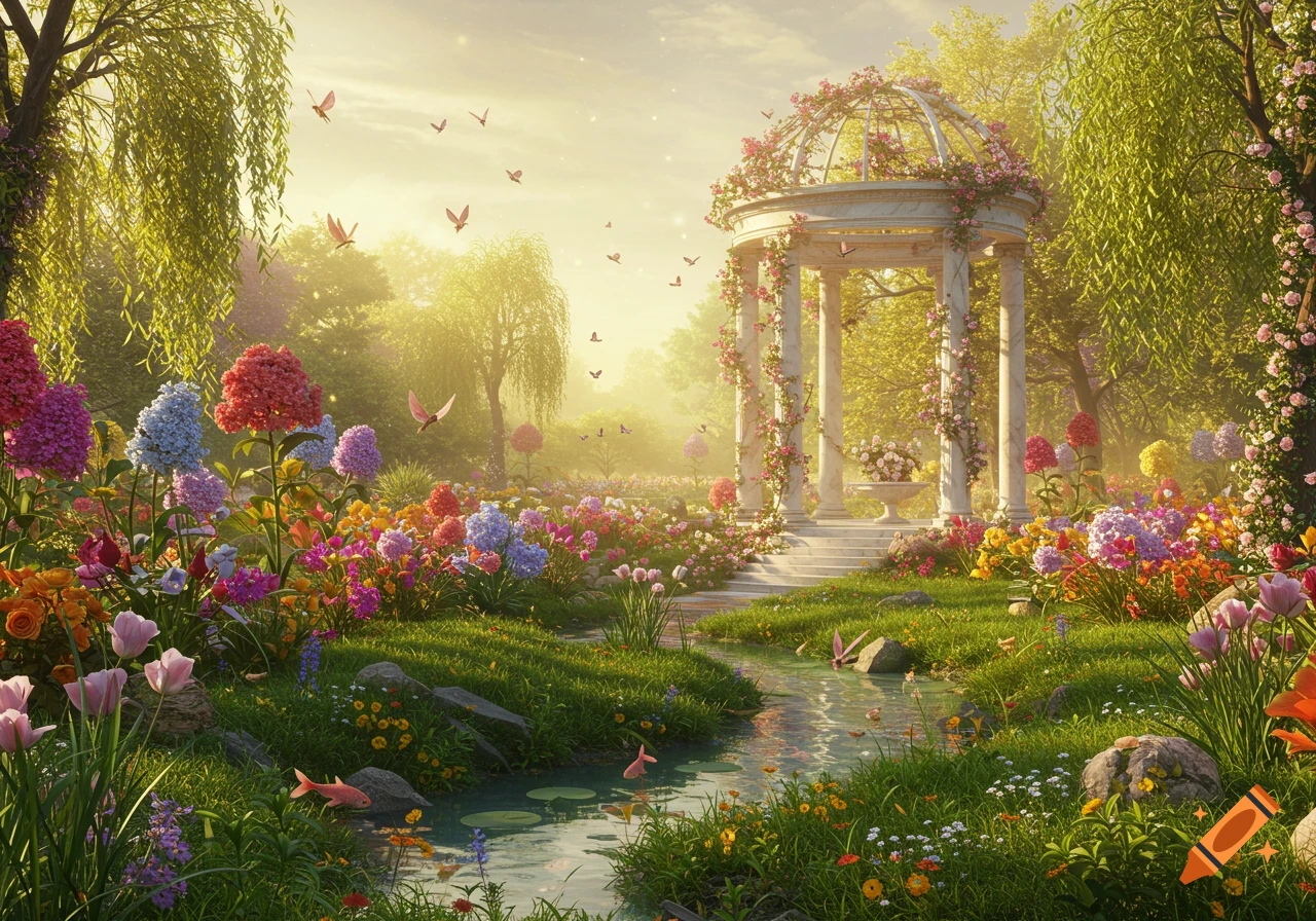 A vibrant, sunlit fantasy garden with a white gazebo, colorful flowers, butterflies, and a winding stream.