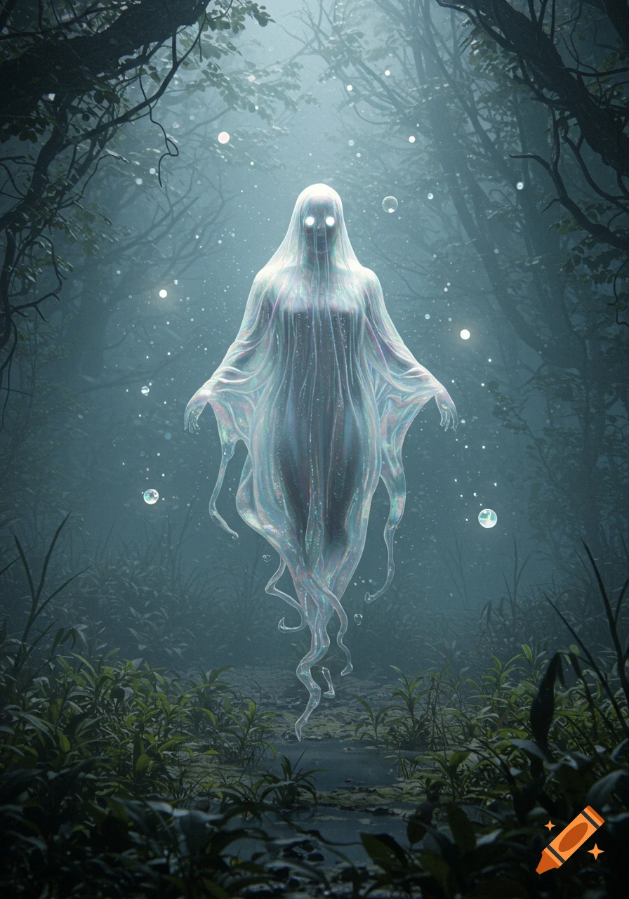 A glowing, translucent specter with bright eyes floats in a misty, dark forest.