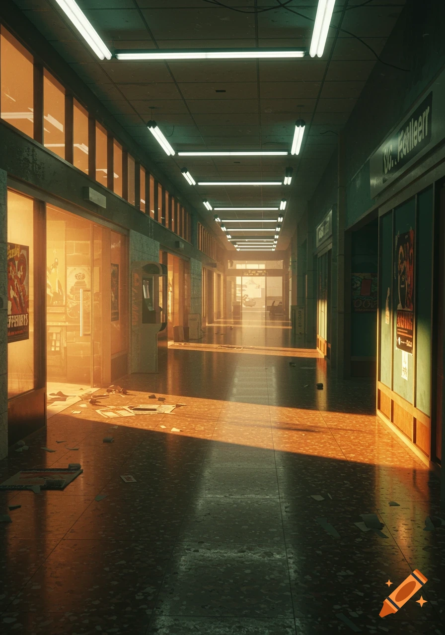 A long, sunlit, abandoned indoor corridor with fluorescent lights and scattered papers on the floor, evoking a liminal space.