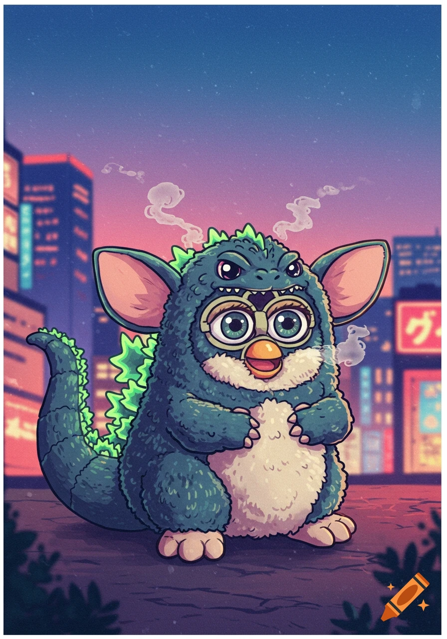 Cartoon illustration of a cute Furby dressed as Godzilla, sitting on a city rooftop at dusk with smoke rising.