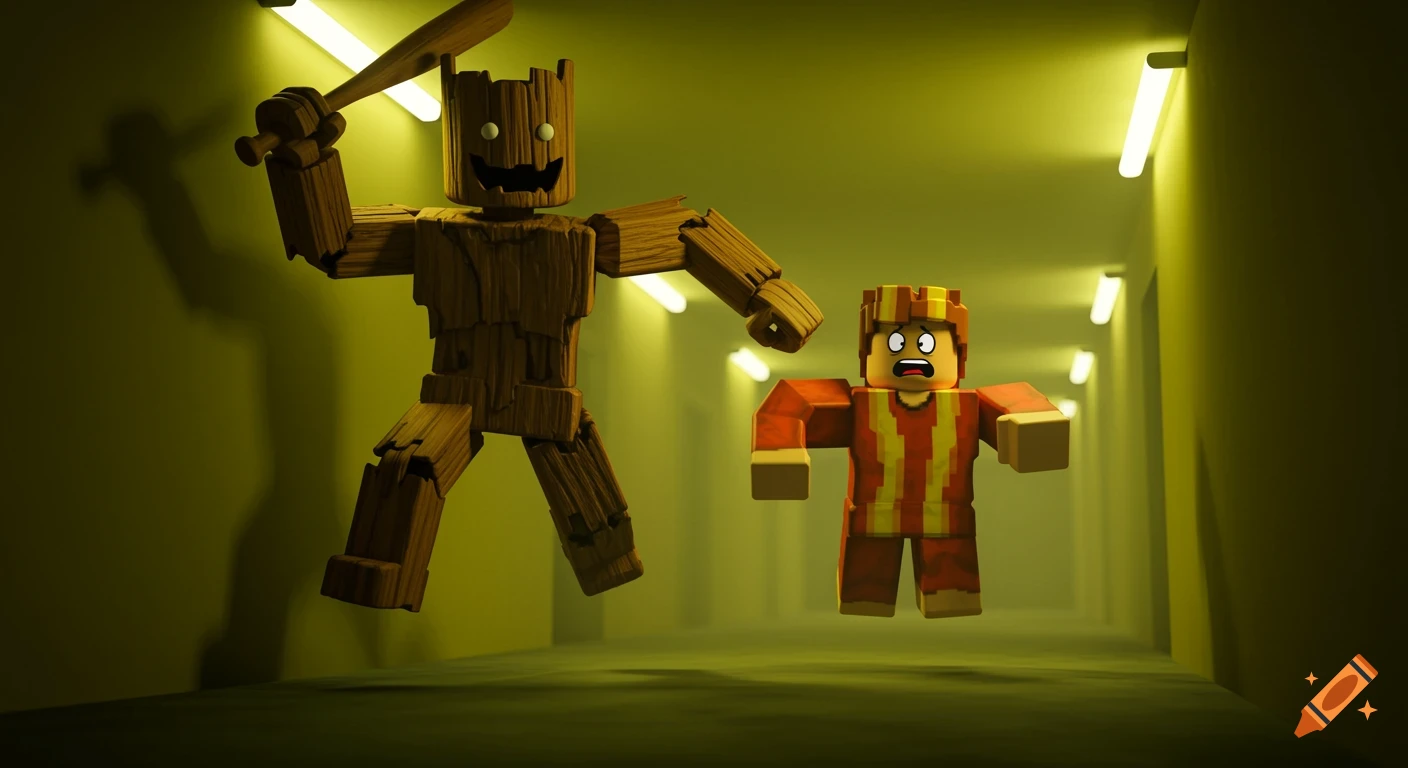 A Roblox-style wooden character with a bat chases a bacon-haired character down a long, yellow Backrooms-like hallway.