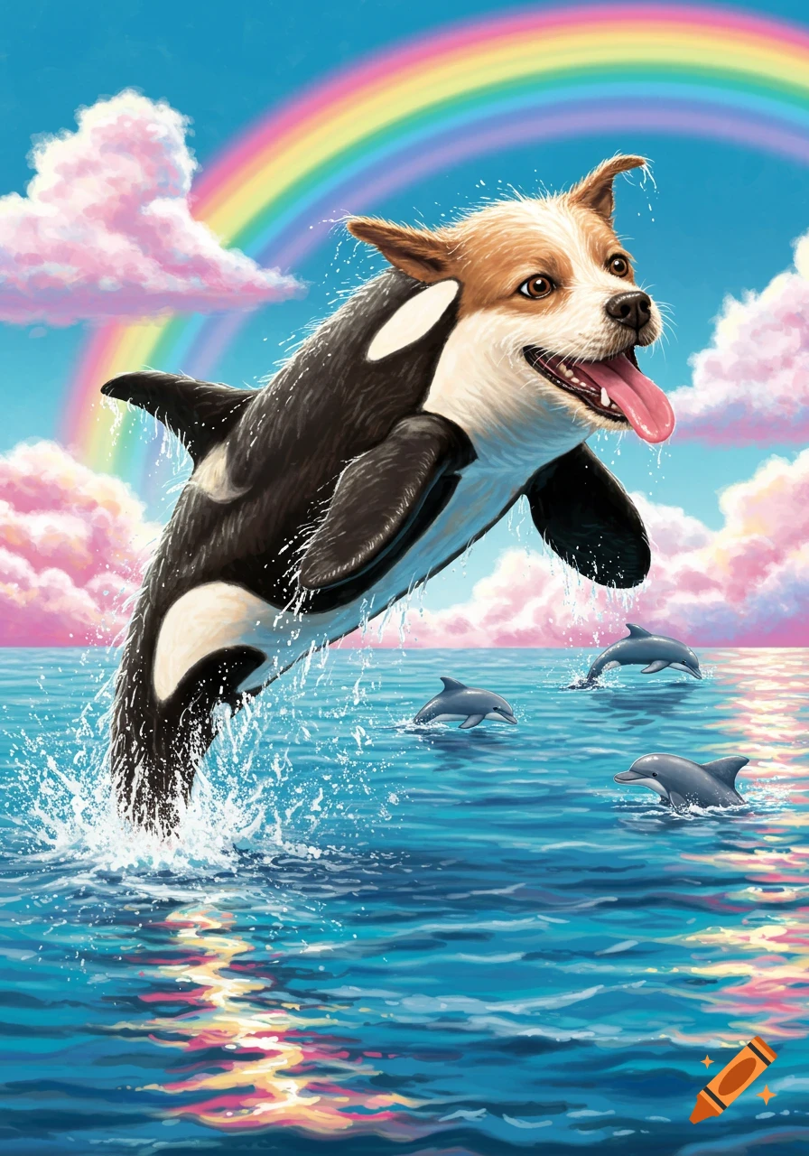A colorful illustration of a corgi-orca hybrid animal jumping from a rainbow-colored ocean with dolphins, under a vibrant rainbow sky.