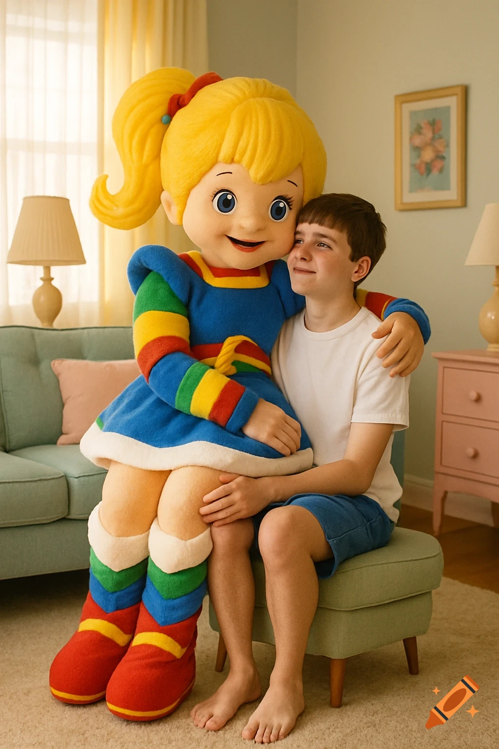 A boy sits on the lap of a Rainbow Brite mascot in a bright room, embraced by the character. Photorealistic style.