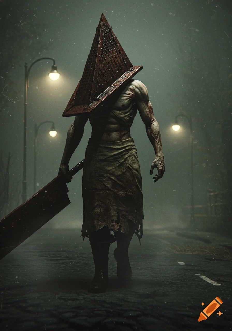 Menacing Pyramid Head from Silent Hill, with a large greatsword, walking on a misty street illuminated by streetlights. Photorealistic style.