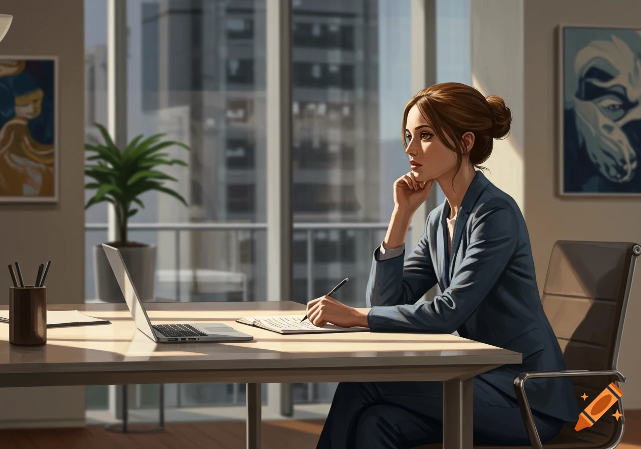 A professional woman sits at a desk in an office, writing on a notepad with a laptop open nearby. Digital illustration.