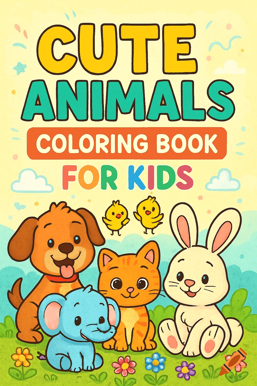 Vibrant children's coloring book cover with cartoon dog, cat, elephant, bunny, chicks, and text 'Cute Animals Coloring Book for Kids'.