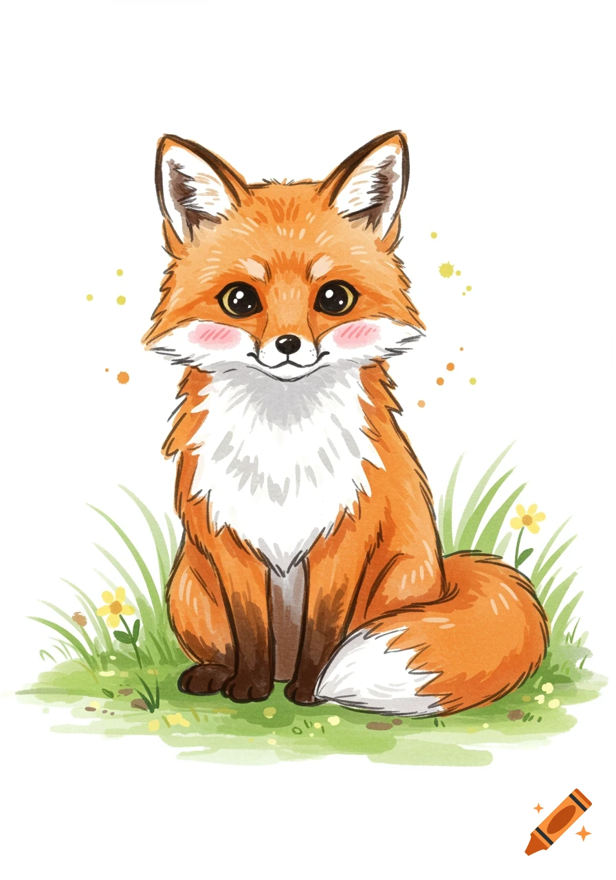 A cute, cartoon fox with big eyes and pink cheeks sits in green grass with small yellow flowers, rendered in a sketchy watercolor style.
