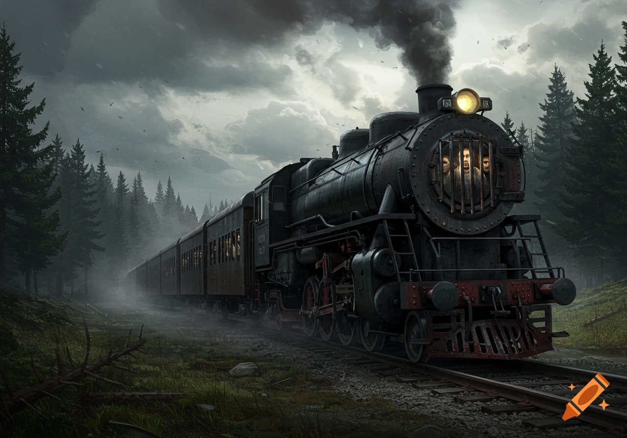A dark, somber steam train with prisoners visible behind bars on the front and in windows, traveling through a misty, stormy forest landscape.