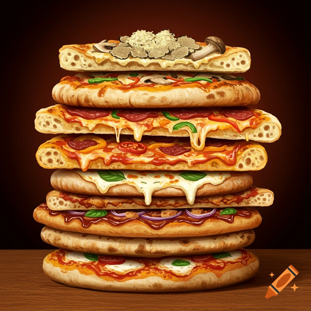 A tall stack of various pizzas with melted cheese and toppings, against a dark background.