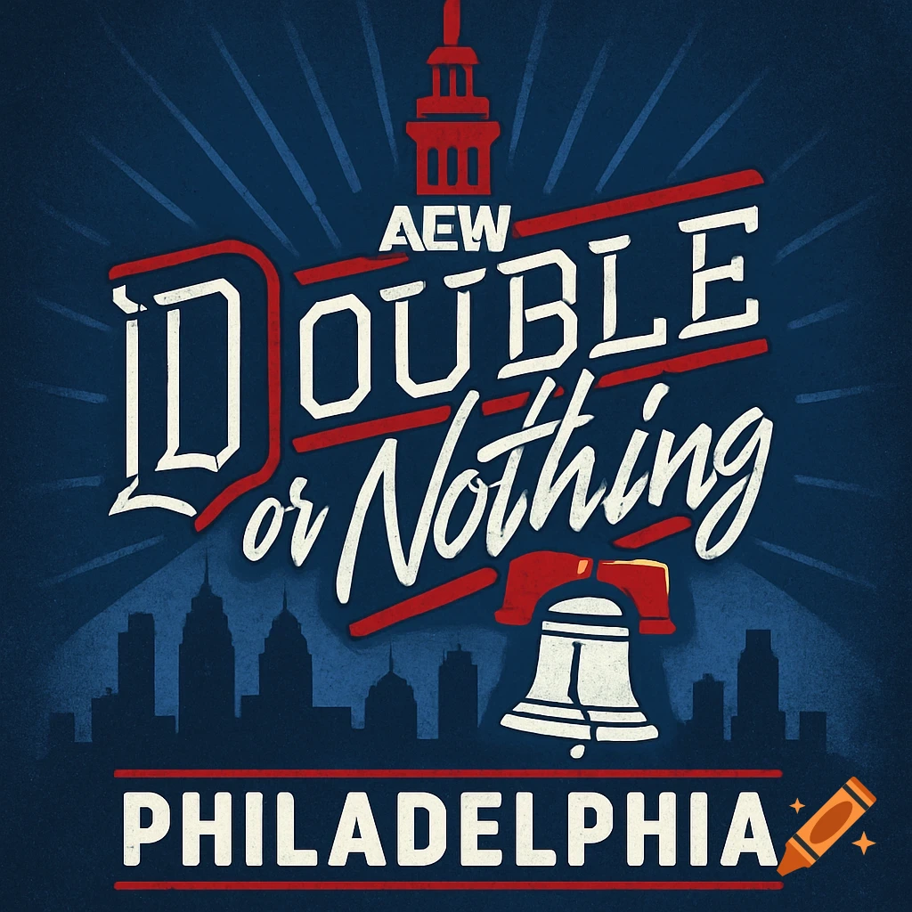 A patriotic red, white, and blue logo for 'AEW Double or Nothing Philadelphia' featuring the Liberty Bell, Independence Hall, and a city skyline.