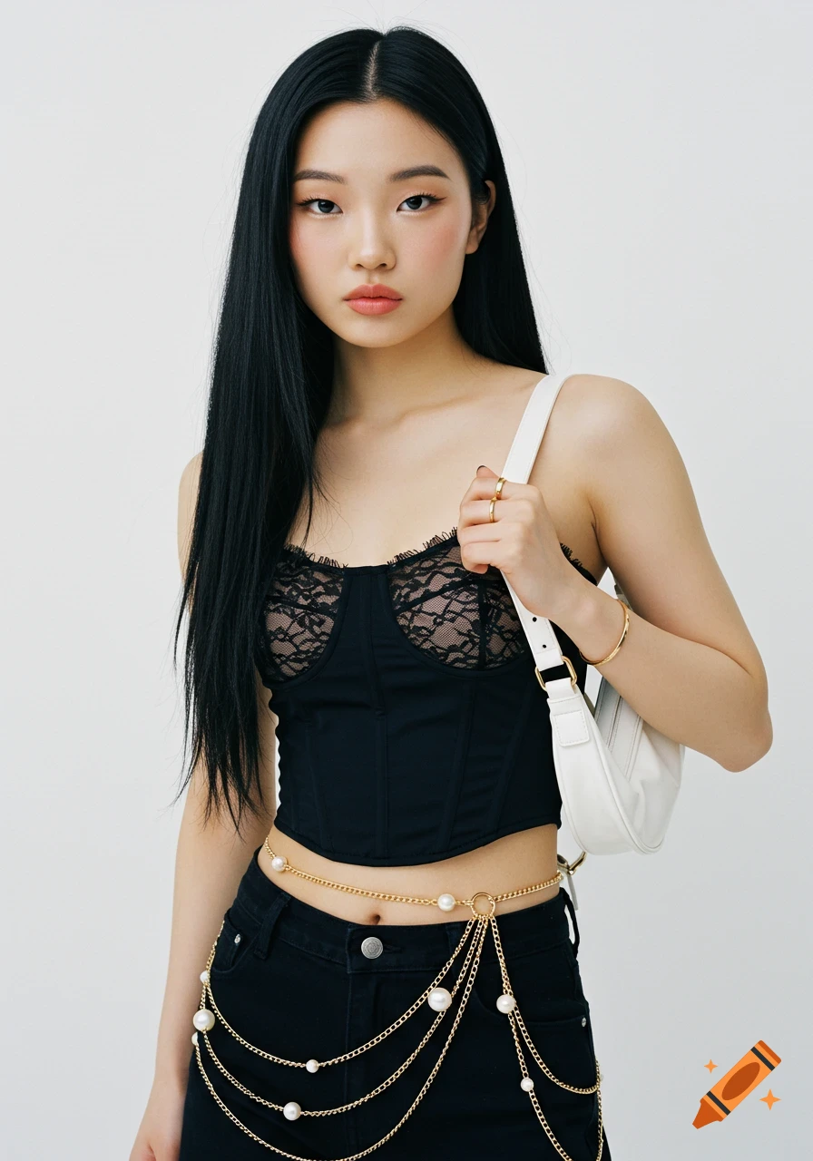 Photorealistic portrait of a young East Asian woman in a black lace corset and pearl chains, holding a white shoulder bag.