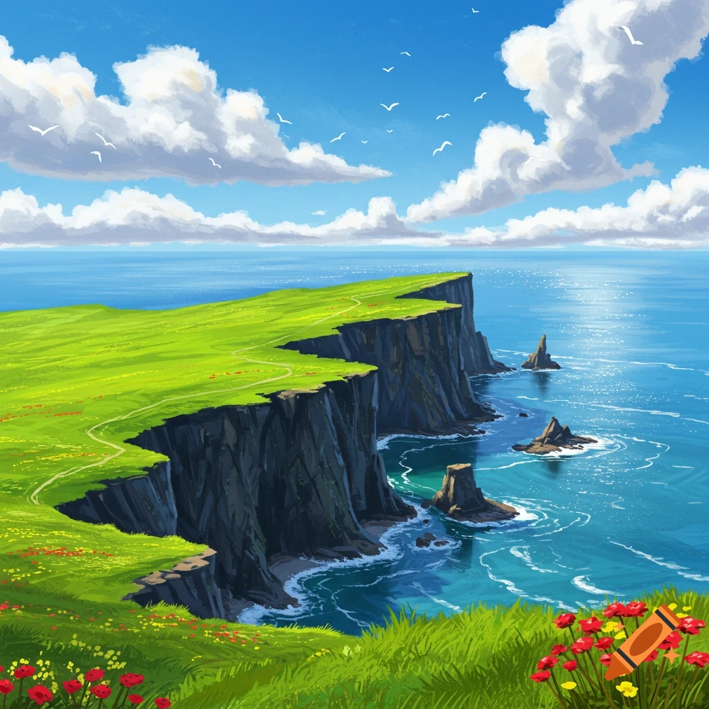 Vibrant digital painting of green grassy cliffs overlooking a blue ocean with sea stacks under a bright sky with white clouds and birds.