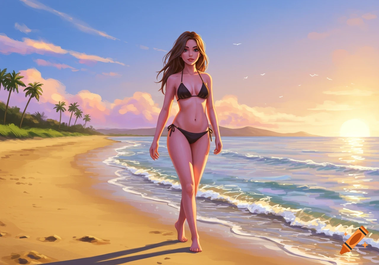 A young woman in a black bikini walks on a sunny beach at sunset, with palm trees and ocean waves, in an anime art style.