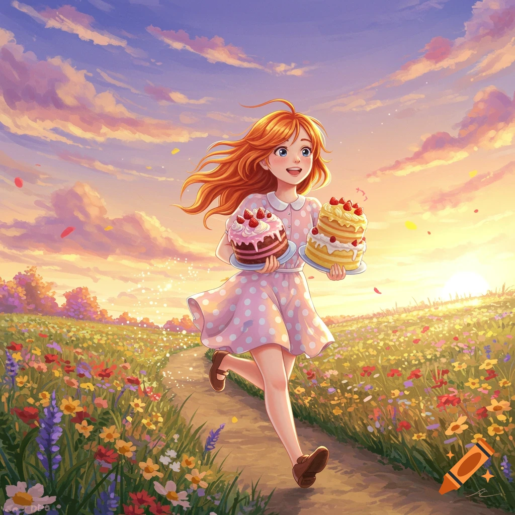 Animated illustration of a cheerful ginger-haired girl running through a sunny wildflower field at sunset, holding two decorative cakes.