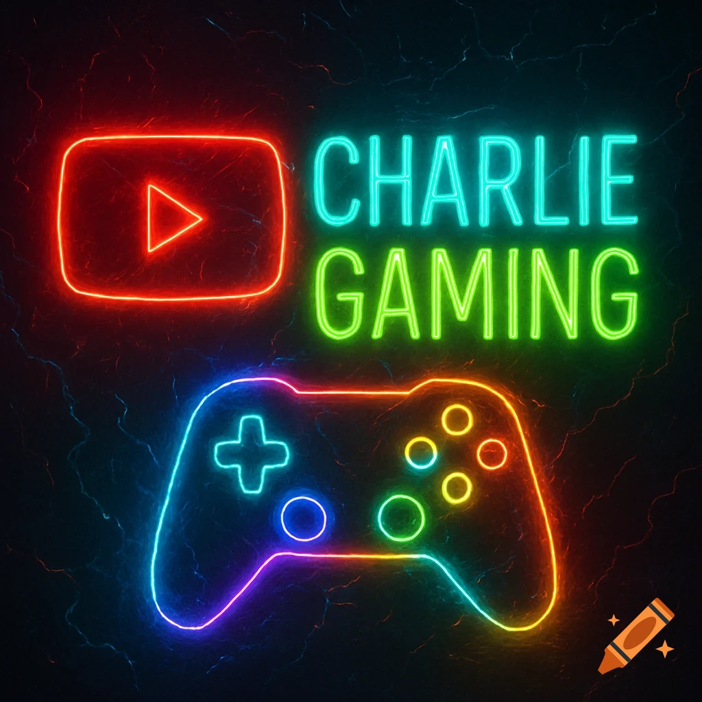 Neon YouTube logo, 'CHARLIE GAMING' text, and a gaming controller against a dark, textured background.