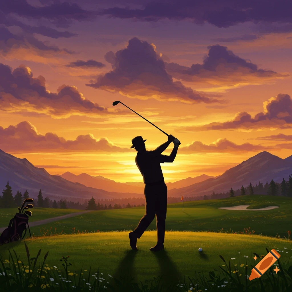Silhouette of a golfer swinging on a course at sunset, with mountains in the background, in an artistic style.